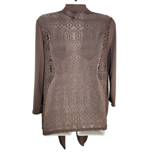 Chicos Easywear Cardigan Size 0 Small Brown Open Front Draped Lace Semi Sheer - Picture 2 of 11